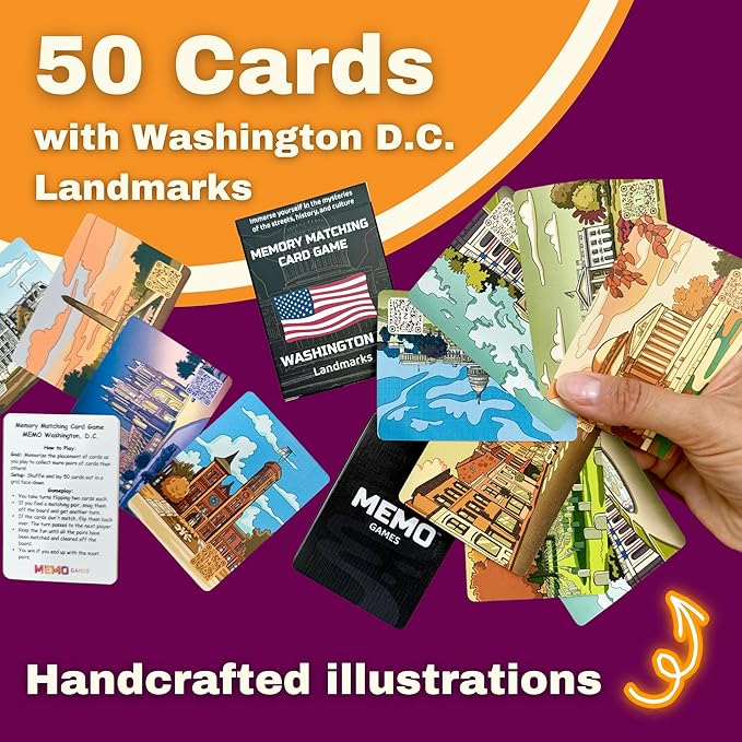Washington, D.C. Landmarks Memory Matching Card Game – 50 Cards, Educational & Fun Family Game for Teens, Adults & Seniors – Travel Pack