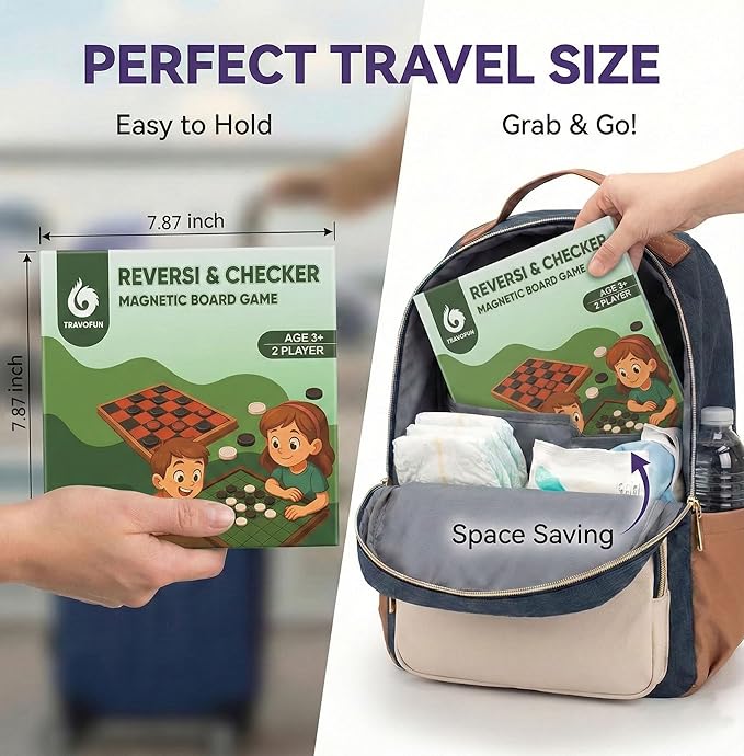 2-in-1 Checkers & Reversi Board Game | Magnetic Travel Games for Kids 8-12 | Plane Activities for Kids Ages 8-12 | Foldable Magnetic Checkers & Travel Activities