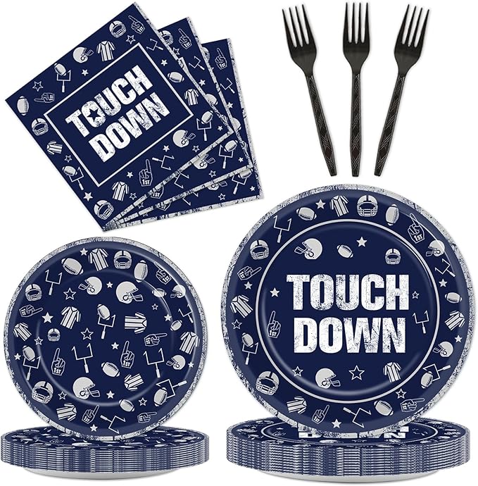 100 PCS Football Party Plates and Napkins Supplies Kit Cowboy Navy Blue Football Rugby Tableware Kit Disposable Paper Dinner Dessert Plates Decors Favors for Sports Game Celebration Serve 25