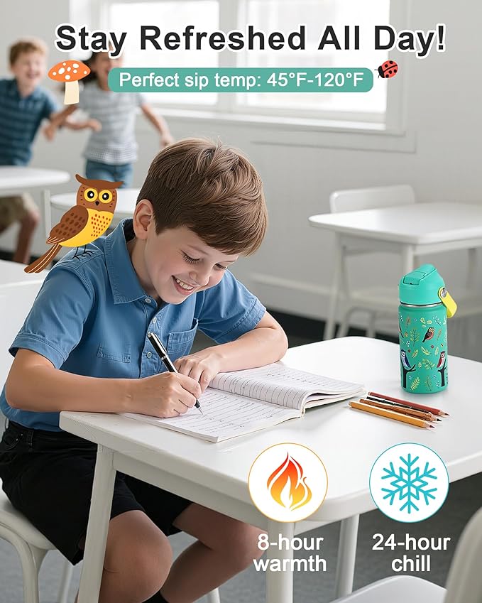WixByti Kids Water Bottle 14oz with Silicone Straw Lid - Insulated Toddler Water Bottle Stainless Steel Keeps Cold 24H, Leak Proof & Birds Prints Design | Custom Name Tag for School, Daycare, Travel
