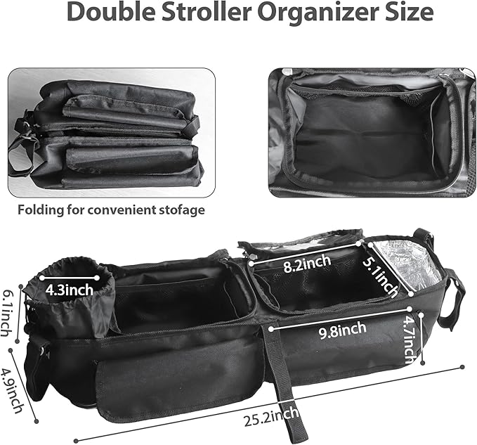 Double Stroller Organizer, Parent Console Double Baby Stroller Accessories Compatible with Jeep, for Bob Duallie, for City Mini GT2, Baby Travel Essential Storage Attachment, Black