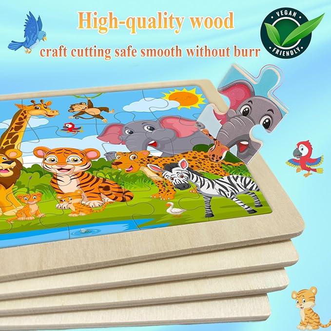 Wooden Puzzles for Kids Ages 4-6, 4 Pack with 24 Pieces Dinosaur, Animal, Ocean, Vehicle Wooden Puzzles for Toddlers Set, Educational & Learning Puzzles, Gifts for 3 4 5 6 Year Old Boys Girls