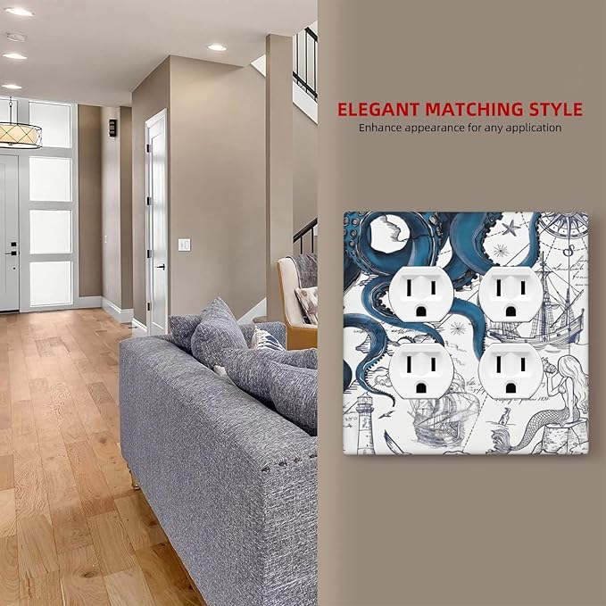 Nautical Vintage Map Octopus Mermaid Lighthouse Boat Outlet Covers 2 Gang Double Duplex Decorative Light Switch Covers Electrical Wallplates Socket Faceplate for Bathroom Kids Room Decor