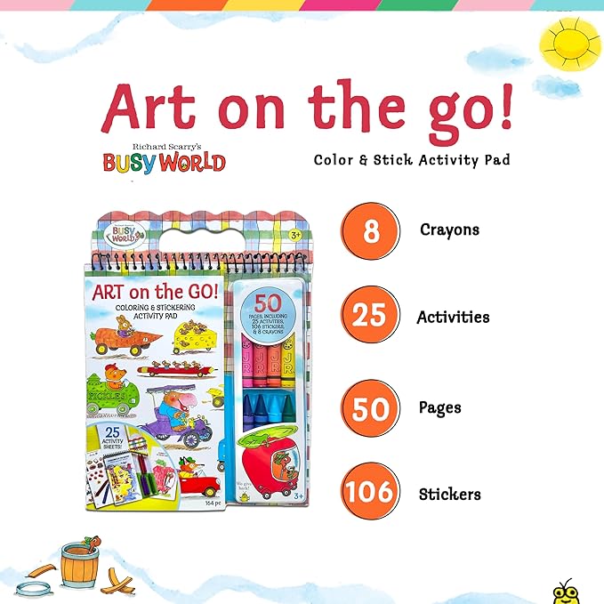 Bright Stripes Richard Scary Busy World Art on the Go Travel Coloring Kit for Kids Ages 3+ | Coloring & Sticker Activity Set with Crayons | Screen-Free Creative Fun for Toddlers & Young Children