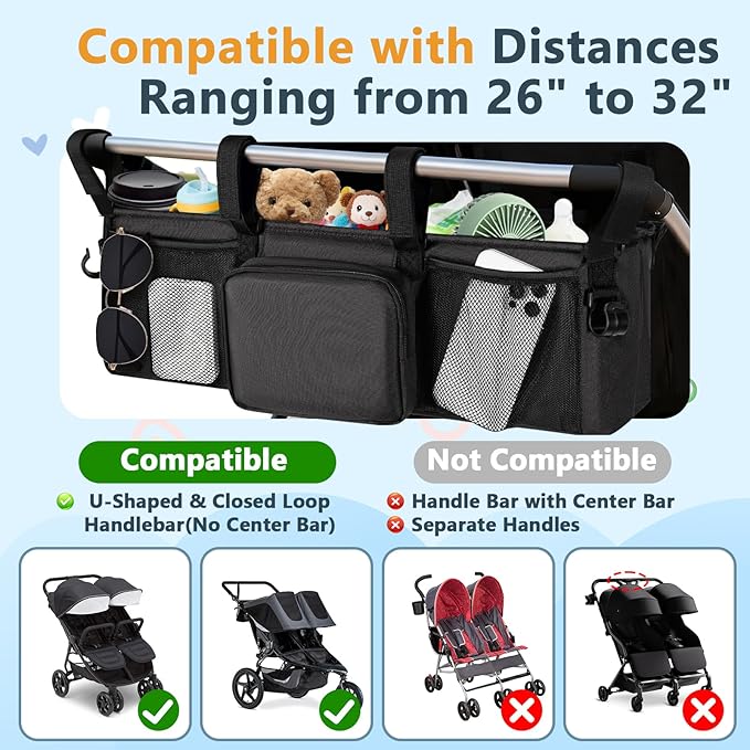 Double Stroller Organizer for Bob Duallie and Baby Jogger City Mini GT2, Double Baby Stroller Accessories with 2 Cooler Pockets, Parent Console Double Jogging Stroller Caddy with Zipper Bag(Bag Only)