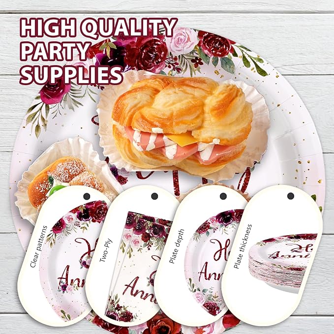 96Pcs Happy Anniversary Party Supplies Burgundy Flowers Anniversary Plates and Napkins Rose Red Burgundy Floral Tableware Set for Women Couple Romantic Wedding Love Party Supplies Serve 24
