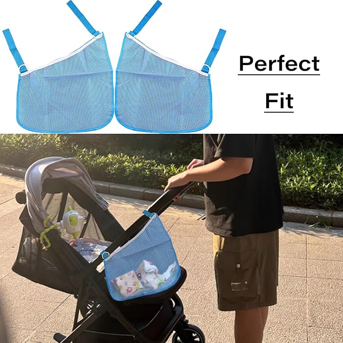 LiXiongBao 2 Pcs Side Sling Stroller Cargo Net,Universal Stroller Organizer Attachment Bag for Storage,Non-Slip and Adjustable Straps Portable Side Sling Storage Mesh Organizer(Blue)