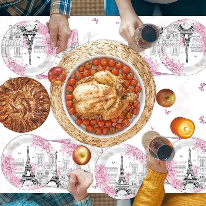 ZOIIWA Paris Themed Party Decorations Eiffel Tower Birthday Paper Plates and Napkins Tableware Set Pink Disposable Tablecloth for Baby Shower Decor Paris Party Supplies