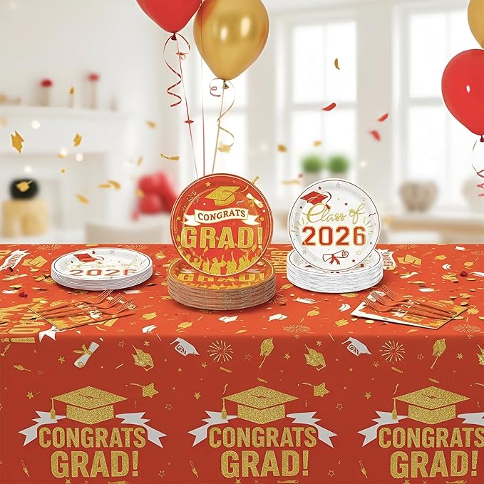 Graduation Plates and Napkins Party Supplies 2026 Graduation Decorations for 24,Orange Disposable Grad Plates Class of 2026 Dessert Plates Napkins,Tablecloth,Forks,for Congrats Grad Party Decorations