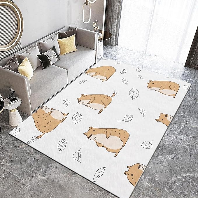 Cartoon Animal Capybara Rugs 5.2×6.6ft Non-Slip Soft Washable Area Rug for Nursery Kids Girls Boys Bedroom, Ultra-Thin Low Pile Carpet for Living Room Dorm Dining Room Decor