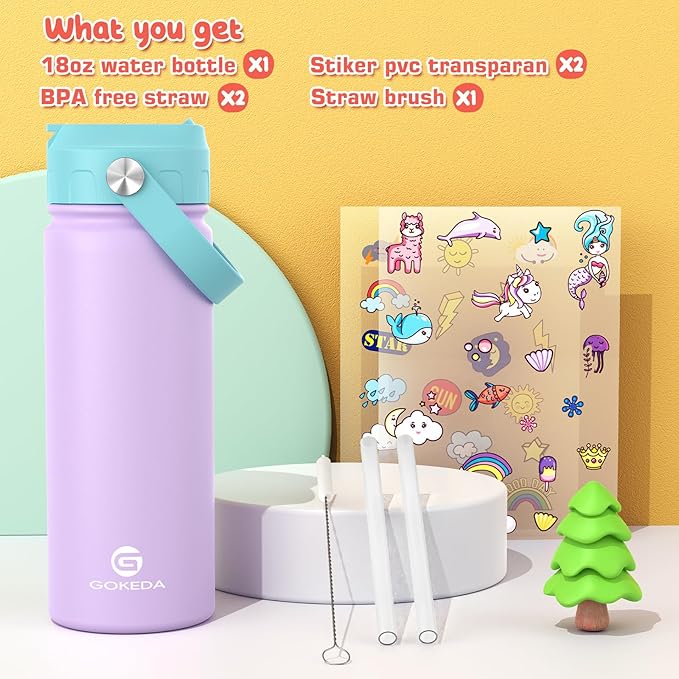 GoKEDA 18oz Kids Water Bottle, Insulated Water Bottles with Stickers, 18/8 Stainless Steel Vacuum Leak Proof Straw Cup for School, Gifts for Girls(Purple)