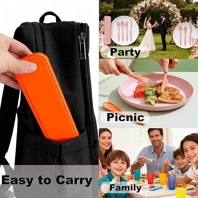 Portable Utensils Set with Case, 6 Sets Wheat Straw Reusable Cutlery, Eco-Friendly Lightweight Knife Fork Spoon Travel Tableware, for Camping, Picnic, Office Lunch, Outdoor Dining, and Daily Use
