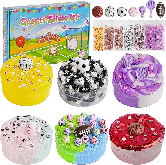 Sports Slime Kit 20oz (6x100ml) - Cloud, Butter, Clear Slime Variety Pack for Kids & Adults, Stress Relief Sensory Toys, Fun Birthday Gift for Boys & Girls