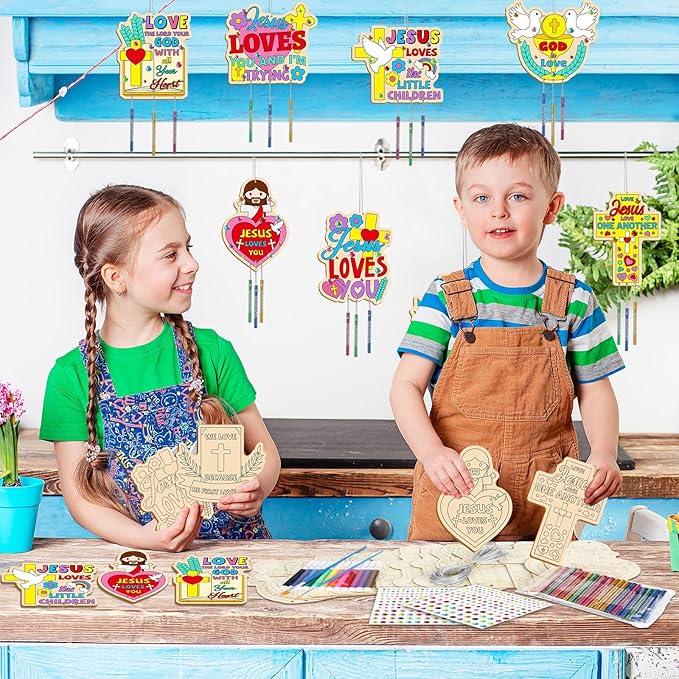 16 Pack Easter Jesus Loves Me Crafts for Kids Wooden Religious Wind Chime Crafts Kits Make Your Own Christian Crafts Wooden DIY Arts for Party School Classroom Decorations Supplies Birthday Favors