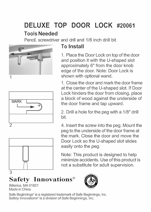 Safety Innovations Child Proof Deluxe Door Top Lock for 1 3/8 inch Thick Interior Doors, (1-Pack)