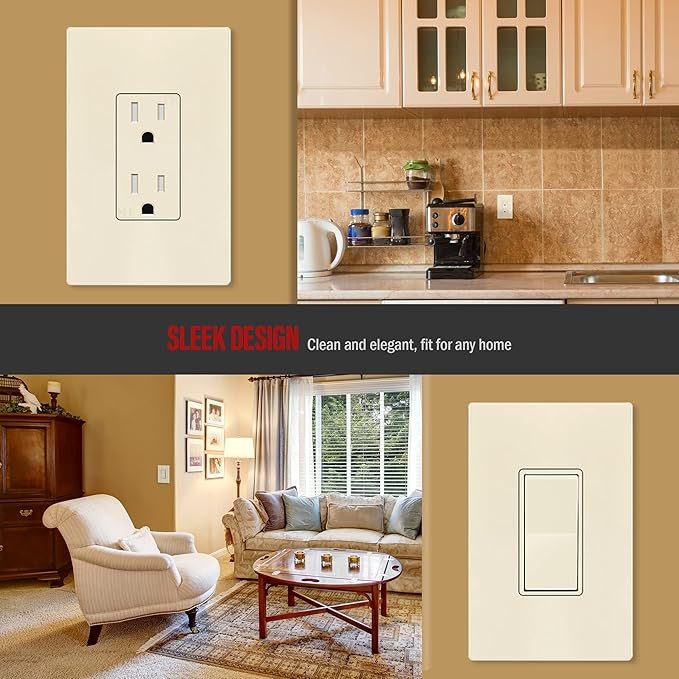 ENERLITES Screwless Decorator Wall Plate Child Safe Outlet Cover, Gloss Finish, Medium Size 1-Gang 4.88" H x 3.11" L, Unbreakable Polycarbonate Thermoplastic, SI8831M-LA, Light Almond