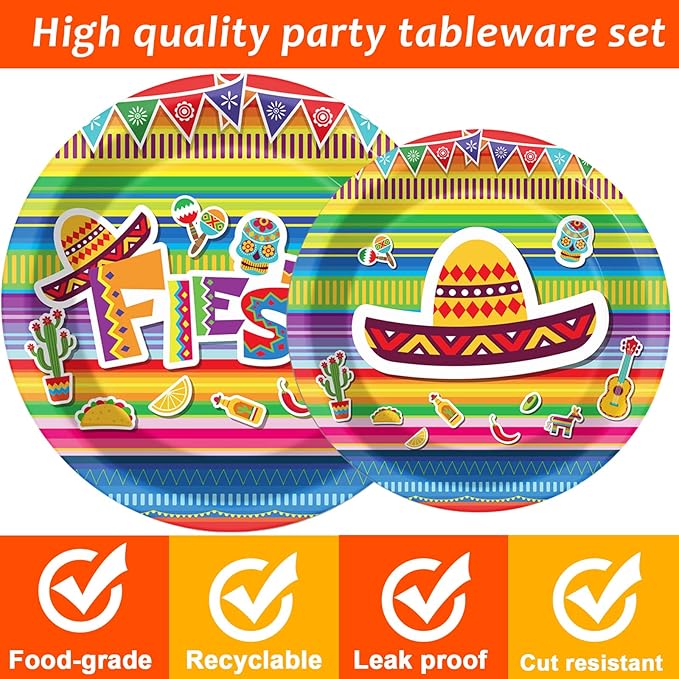 96 Pieces Fiesta Party Decorations Mexican Plates Tableware Set for De Mayo Party Decorations Supplies Mexican Themed Paper Dessert Plates Napkins Forks for 24 Guests Birthday Party Favors