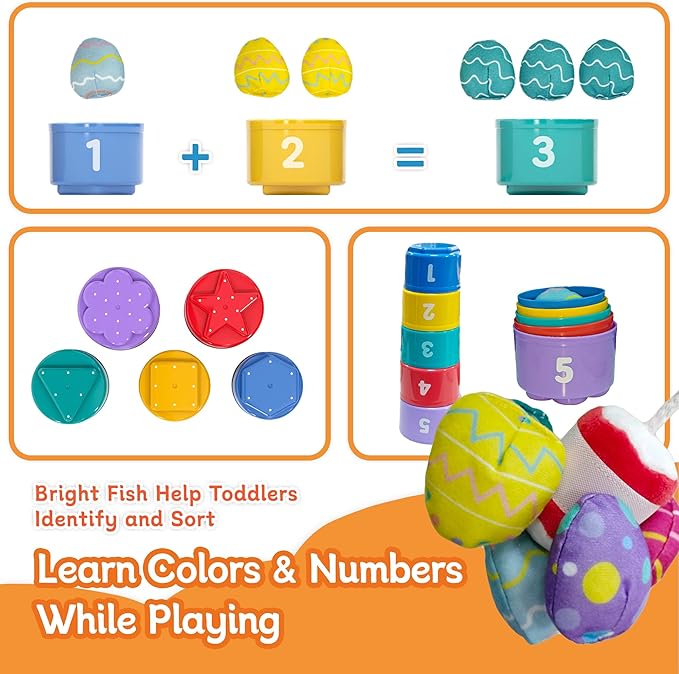 Montessori Toys for 1 Year Old, 11 in 1 Cloth Fishing Game Easter Basket Stuffers for Toddler Toys 1-3, Soft Learning Toy with Stacking Cups, Fine Motor Skills & Color Recognition for Boys & Girls
