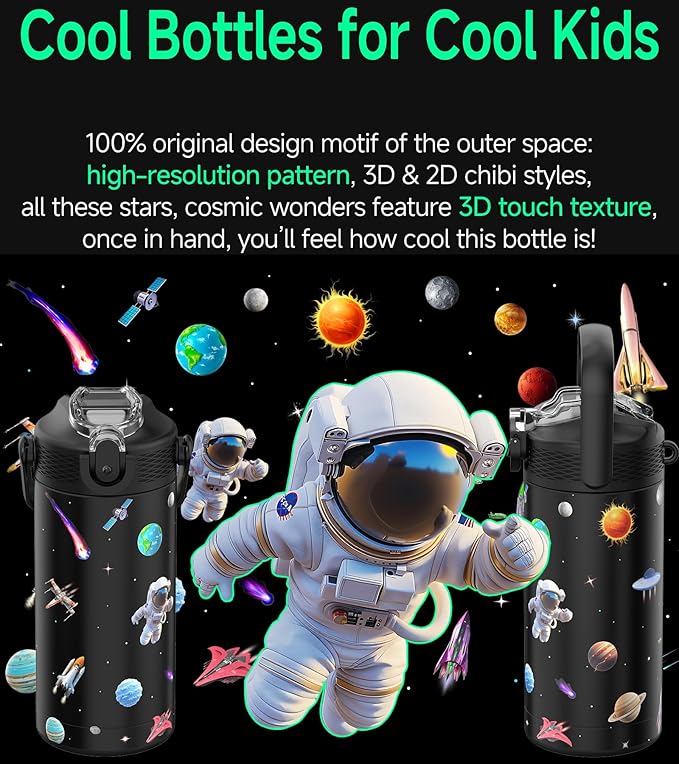 MYFOREST 14oz/400ml Insulated Kids Water Bottle, Odor-Free Surgical Grade Liner, Dishwasher-Safe, Name Spot, Soft Sipper, Gift for Astrophile (Black. Space)