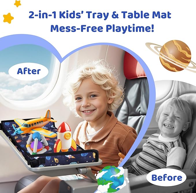 Airplane Kids Travel Tray for Toddler Car Seat - Toddler Tray for Plane or Train - Travel Essential Must-Haves and Flying Supplies - Blue Space