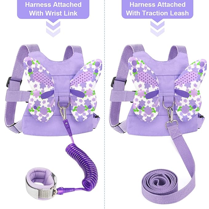 Toddler Harness Leash + Anti Lost Wrist Link, Accmor Kids Butterfly Harnesses with Children Leashes, Cute Baby Leash Walking Assistant Wristband Strap Tether for Girls Outdoor (Purple)
