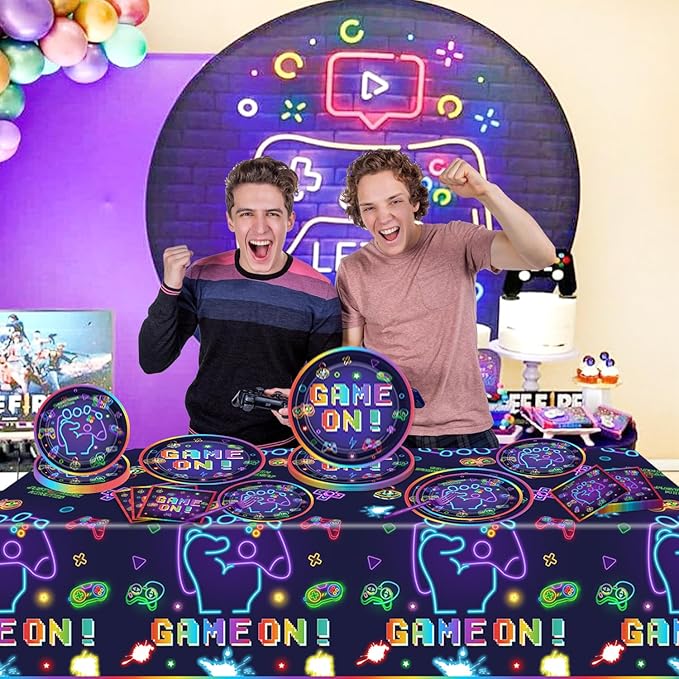 Video Game Birthday Decorations Serve 20 - 81Pcs Plates Napkins Tablecloth Forks Set for Boys Game Gaming Controller Party Supplies