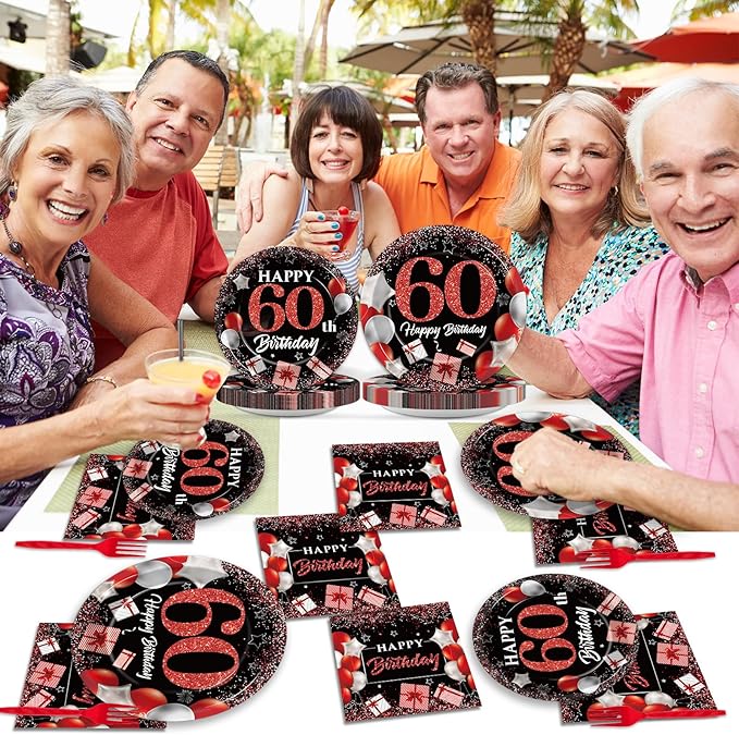 gisgfim 96 Pcs 60th Birthday Plates and Napkins Party Supplies 60 Years Old Birthday Party Tableware Set Red Black Dinner Dessert Plates 60th Birthday Decorations Favors for Man Women for 24 Guests