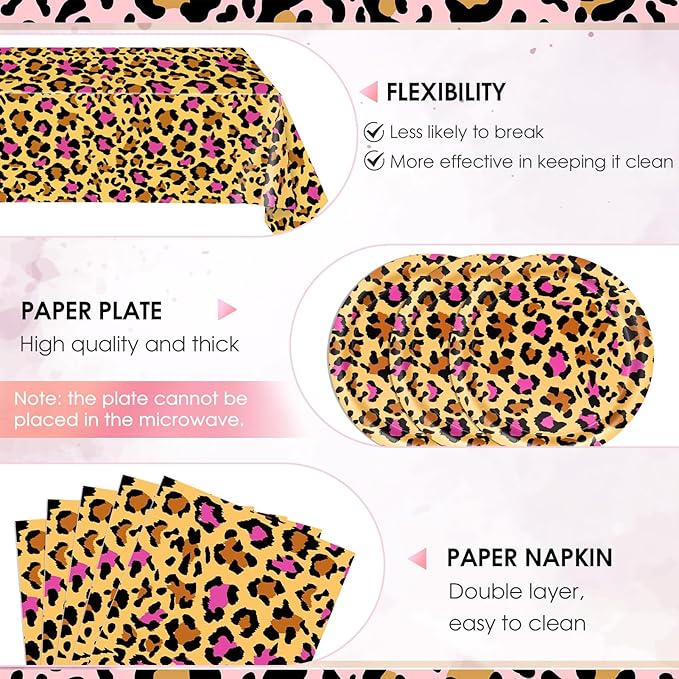 41PCS Pink Leopard Print Birthday Party Decorations Cheetah Party Decorations Tableware Dessert Plates Napkins,Cheetah Print Table Cloth for Safari Animal Leopard Theme Birthday Party Supplies