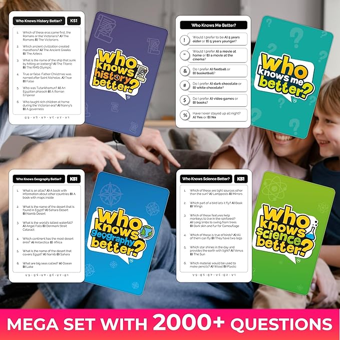 Board Games for Kids 8-12 – Set of 4 Family Card Games for Kids and Adults – Trivia Cards for Family Game Night – Who Knows It Better – 2000+ Questions History, Geography, Science – Fun Card Game