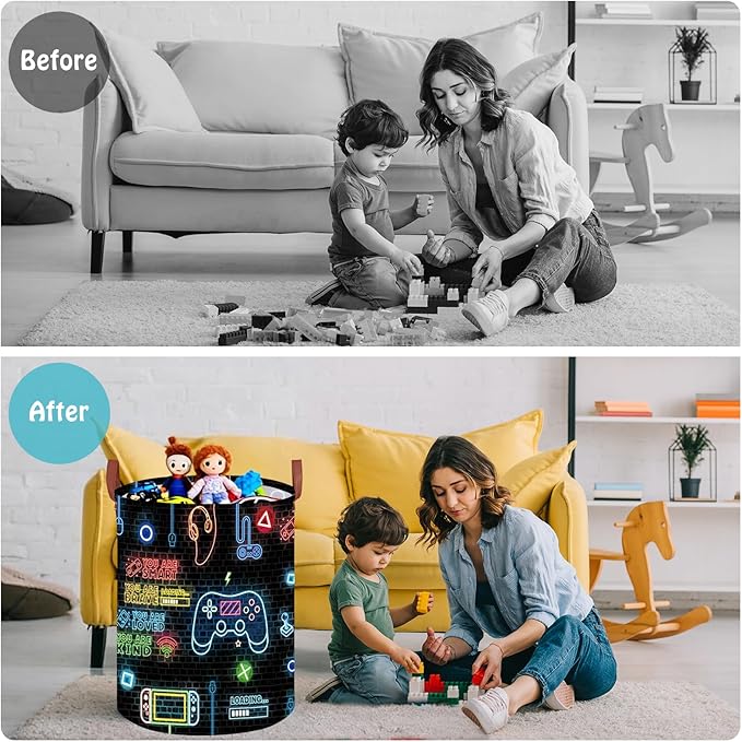 Gaming Laundry Basket ,Large Neon Color Nursery Hamper,Gamer Room Decor for Boys,Collapsible Clothes Towel Toy Book Storage Bin for Dorm Nursery Bedroom(Round)