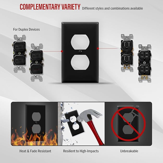 ENERLITES Duplex Receptacle Outlet Wall Plate, Size 1-Gang 4.50" x 2.76", Unbreakable Polycarbonate Thermoplastic, UL Listed, 8821-BK-10PCS, Black (10 Pack)