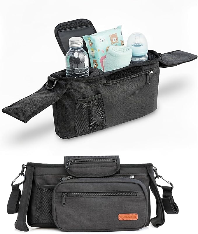 Universal Stroller Organizer Bag with 2 Insulated Cup Holder, Durable Detachable Phone Bag and Shoulder Strap – Fits for Pet Stroller Caddy, Uppababy, Baby Jogger, Britax, Doona, Nuna