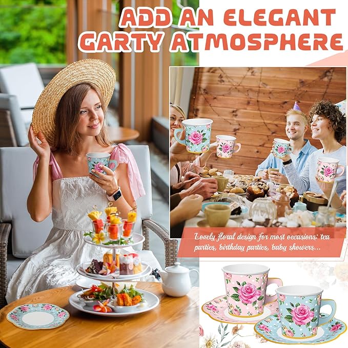 Umigy 36 Sets Mother's Day Tea Party Decorations 9 oz Floral Paper Teacups & Saucer Set for Girls Women Tea Parties Mothers Day Bridal Shower Wedding Birthday Party Decorations(Blue Pink)