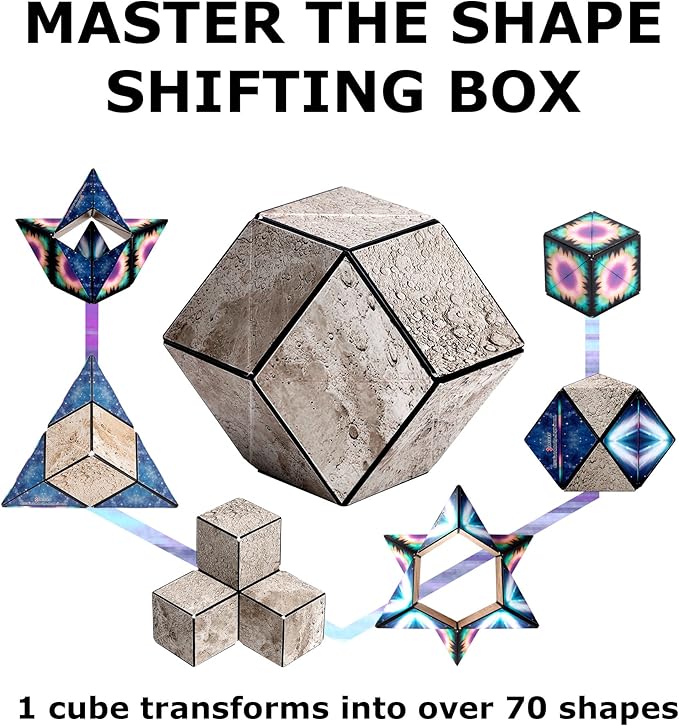 Shashibo Shape Shifting Box - Award-Winning, Patented Fidget Cube w/ 36 Rare Earth Magnets - Transforms Into Over 70 Shapes, Gift Box, Download Fun in Motion Toys Mobile App (Moon, 4 Pack)