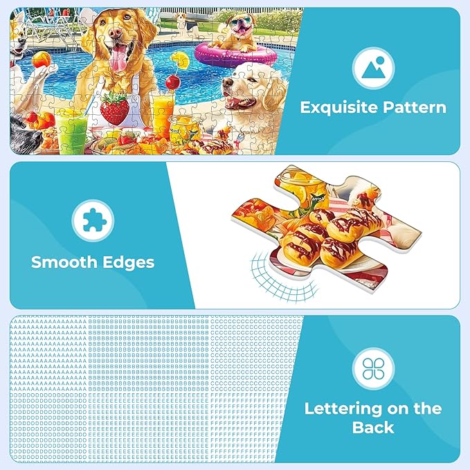 300 Pieces Puzzles for Adults,Summer Dog Pool Party & Food Puzzle,Large Puzzles Pieces for Seniors,Fun Puppy Jigsaw Puzzles for Kids Ages 8-10,Challenging Family Games,Holiday Party Gifts,20.5 x 15 In