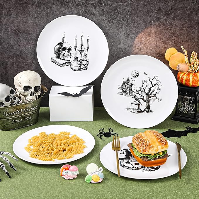 4 Set 10 Inch Halloween Gothic Plates Melamine Halloween Dinnerware Set Reusable Skull Candle Bat Tombstone Crow Melamine Plate Dishwasher for Toddlers Creatively Drop Resistant Cute Plastic Dish
