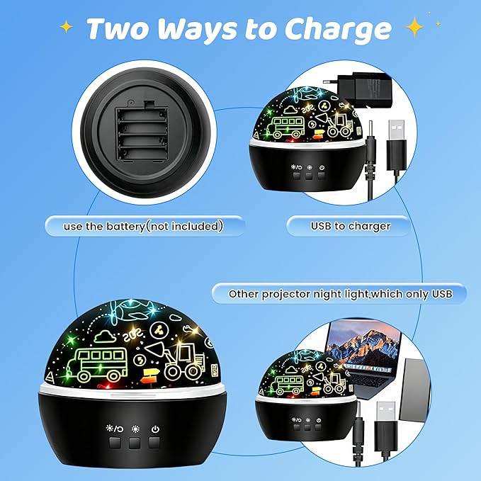 MINGKIDS Night Light for Kids,2 in 1 Rotating Projector Lamp with Dino&Vehicles Theme,2 Ways to Charge,Baby Night Light Ceiling Projector for Bedroom Kids Room Decor