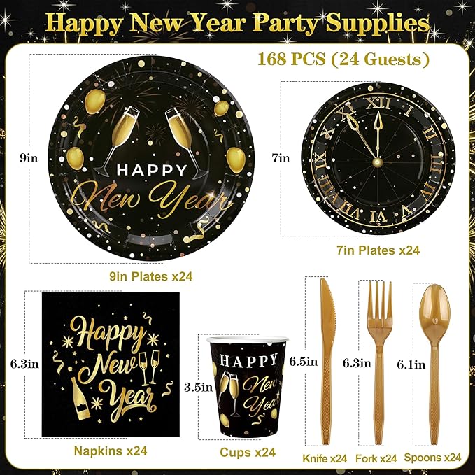 168pcs Happy New Year Party Supplies, Black and Gold Paper Plates Napkins Cups and Gold Cutlery for 24 Guests, 2026 New Year Disposable Tableware Supplies for Party Decorations