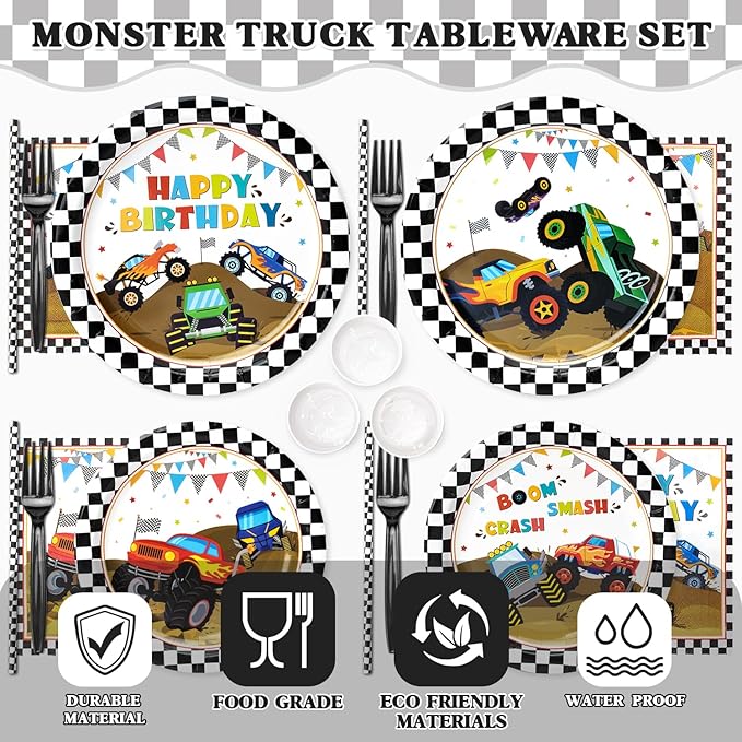 300 Pcs Truck Plates and Napkins Tableware Set, Plates Napkins Cups Straws and Forks Sets, Truck Birthday Decorations, Party Supplies, Serves 50 Guests