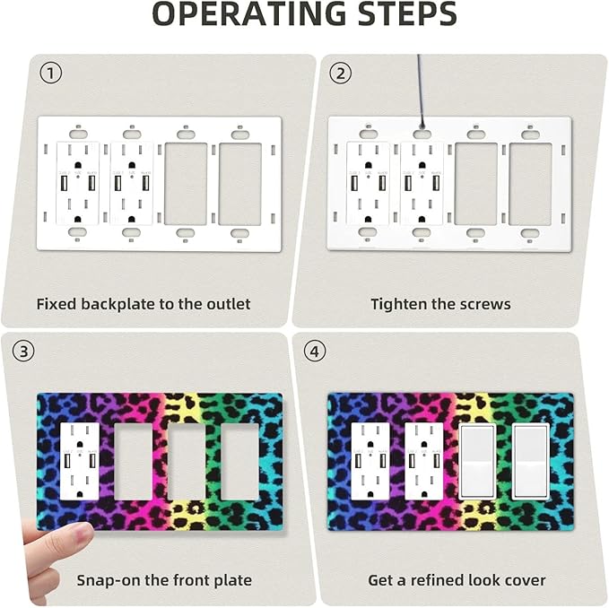 Rainbow Leopard 4 Gang Quad Rocker/GFCI Light Switch Wall Plate Cover Plate Decorative Electrical Faceplate for Colourful Leopard Bathroom Room Decorate Jumbo Size Screwless 8.3" x 4.6