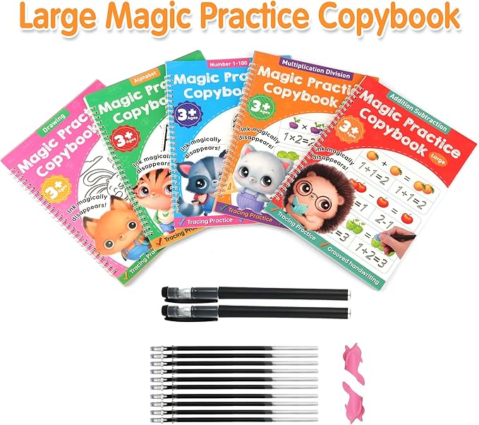 Helsort Large Magic Grooved Practice Copybook for Kids, Reusable Grooved Handwriting Workbook, Learn to Write Number Letter Tracing for Kids Ages 3-8 Kindergarten Preschool Calligraphy 10.2×7.3"