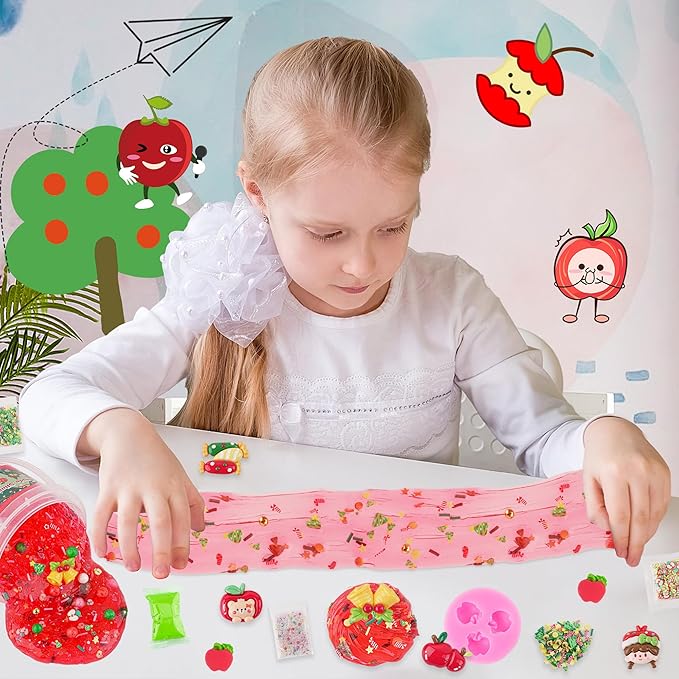 LAWOHO 300ml Apple Clear Slime with Clay, Red Slime Kit for Girls & Boys with 9 Packs Cute Add-Ins for Kids Party Favors, Non Stick Slime Making Kit for Birthday Halloween Christmas Easter Gifts