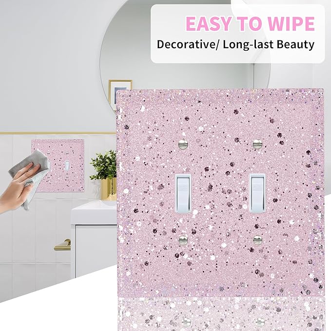 Pink Glitter Light Switch Cover Plate - Glossy Finish, 5.10" x 5.10" - Sparkle Double Toggle Wall Plate