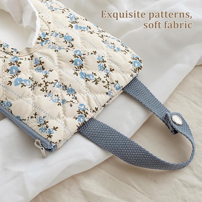 Quilted Baby Diaper and Wipes Pouch Portable Mommy Bag for Stroller Reusable Wipes Pouch with Lanyard for Casual Travel (Blue Flower)