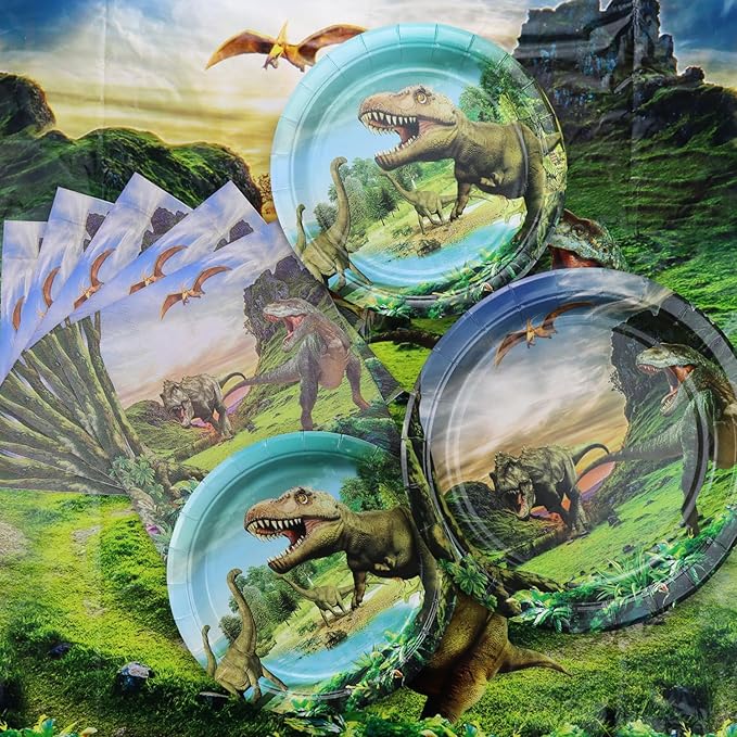 Dinosaur Birthday Decorations - 81Pcs Dinosaur Paper Tableware Set Including Plate, Napkins, Dino Tablecloth for Kids Boys Birthday Supplies, Serve 20