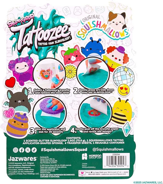 SLIMYGLOOP Tattoozee, Squishmallows Tattoo Transfer Slime Kit, Sensory Play for Kids Ages 6+, Blue Raspberry Scented, Glitter Texture