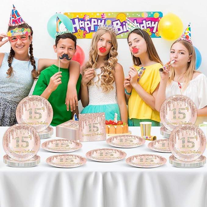50Pcs Rose Gold 15th Birthday Party Paper Plates Napkins Girls Pink 15th Birthday Dessert Table Decoration Happy 15 Years Old Cake Tableware Set Serves 25 Guest Fifteen Years Old Party Favor Supplies