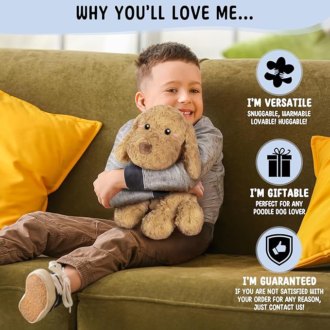 Goldendoodle Poodle Dog Microwavable Stuffed Animal – 1.5 lb Unscented Heating Pad Plush, Soft Cozy Golden Doodle Puppy Toy for Relaxation and Comfort, Gift for Women, Girls, Adults & Kids, Happy Fuel