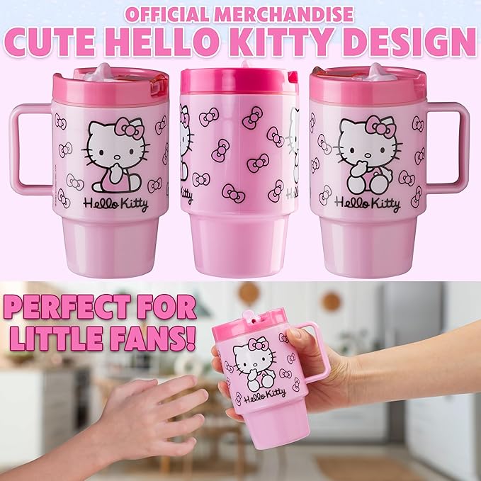 Get Trend Hello Kitty Sanrio Kids Water Bottle with Straw 16.9 oz BPA Free Leakproof Plastic Cup with Lid Handle Kawaii Tumbler Gifts for Kids (Pink Hello Kitty)