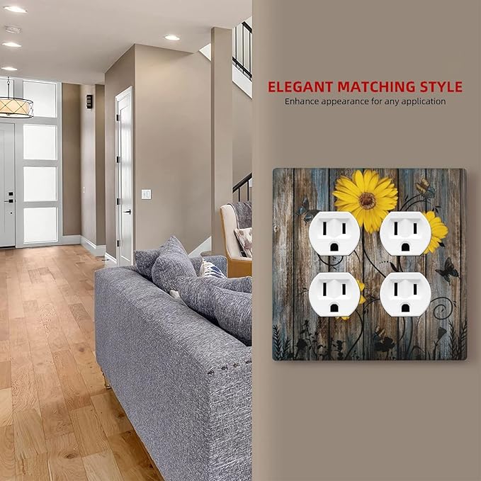 Rustic Barn Sunflower Wooden Daisy Flower Plank Outlet Covers 2 Gang Double Duplex Decorative Light Switch Covers Electrical Wallplates Socket Faceplate for Farmhouse Home Decor